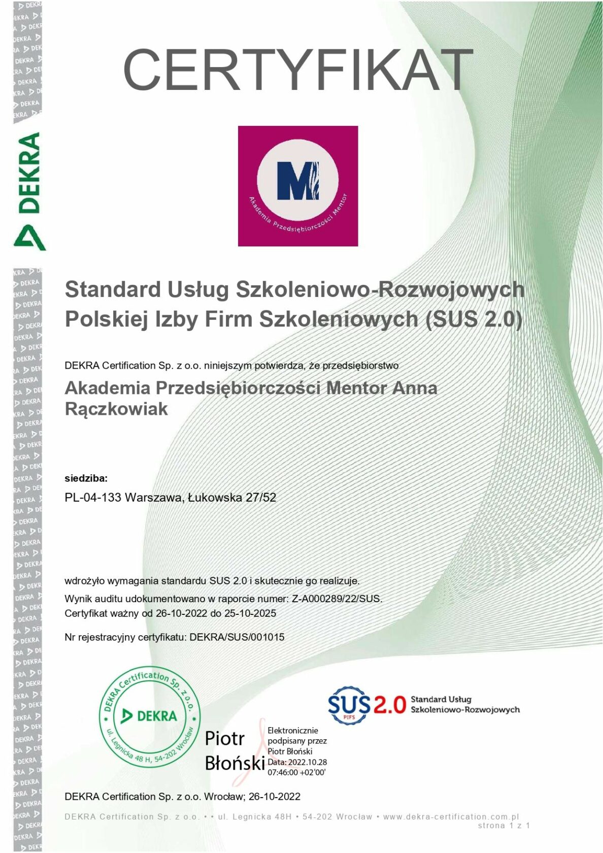 Certyfikat-SUS-2.0-Akademia-Przedsiebiorczosci-Mentor-DEKRA